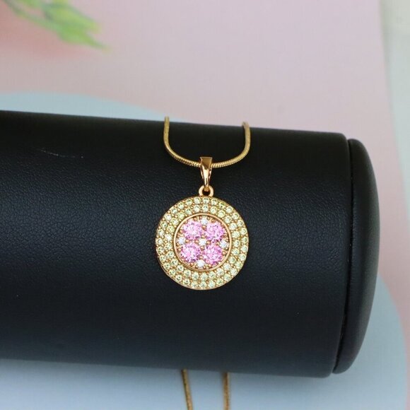 "Round Pink & Yellow CZ Pendant in Gold Finish – Elegant Floral Look, XPPT1858 - Picture 10 of 13